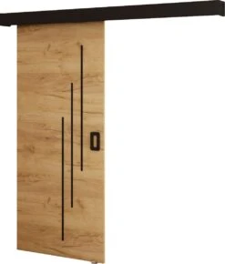 InspireMe - Système De Porte Coulissante Avec Rail - 90x204cm - MAY VI - Chêne Doré + Cadre Zwart + Poignée Zwart