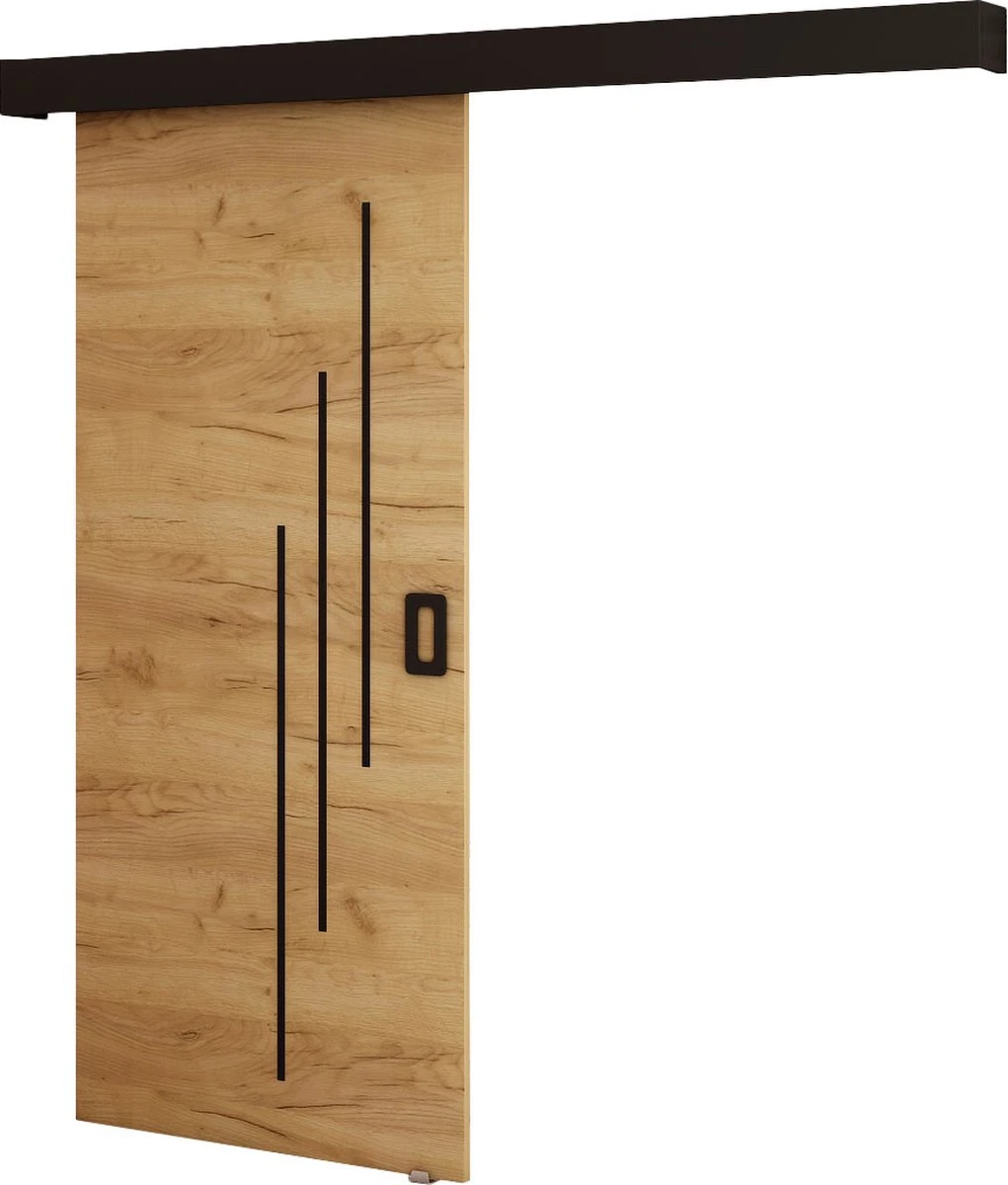 InspireMe - Système De Porte Coulissante Avec Rail - 90x204cm - MAY VI - Chêne Doré + Cadre Zwart + Poignée Zwart 1 InspireMe - Système De Porte Coulissante Avec Rail - 90x204cm - MAY VI - Chêne Doré + Cadre Zwart + Poignée Zwart