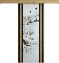 InspireMe - Système De Porte Coulissante Avec Rail Et Miroir - 90x204cm - ZEBRA II - Zwart + Chêne Artisan