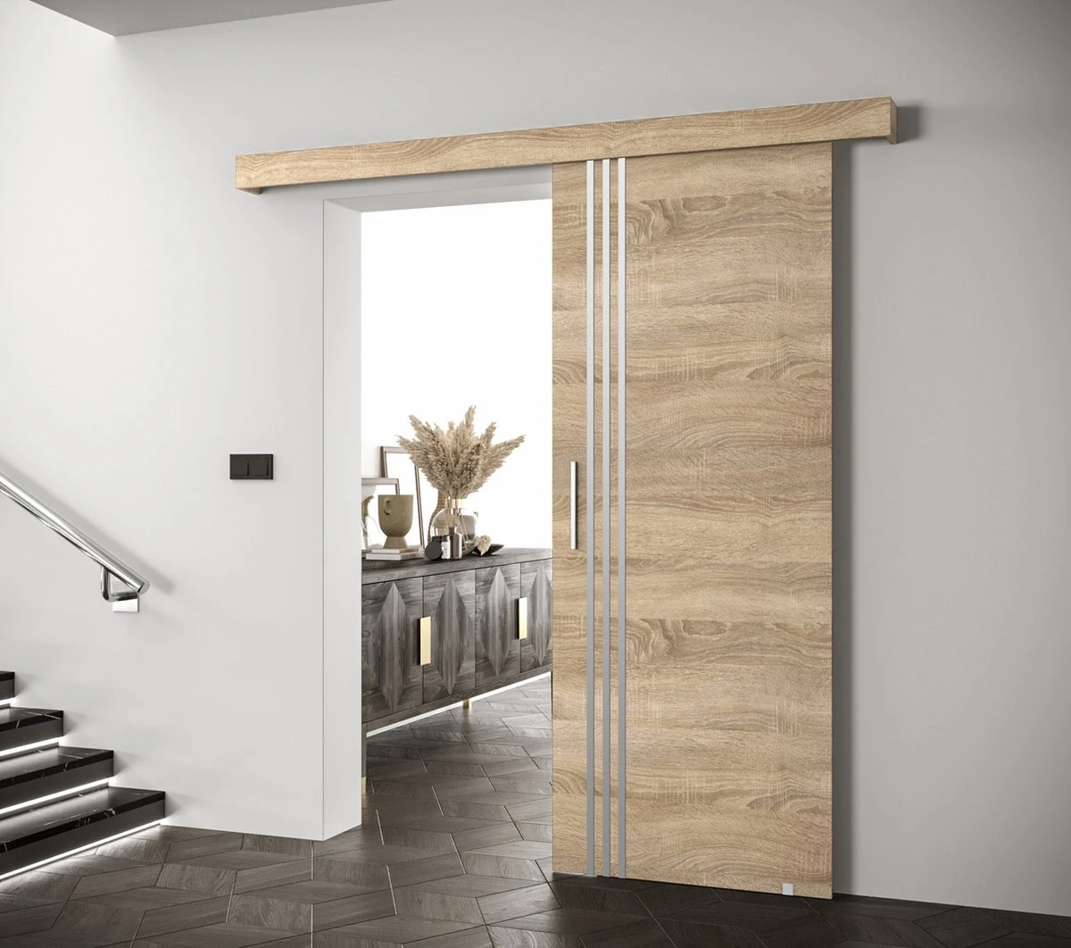 InspireMe - Système De Porte Coulissante Avec Rail - 90x204cm - AGRA VI - Chêne Sonoma + Cadre Chêne Sonoma + Poignée Argent Avec Système Soft-Close 2 InspireMe - Système De Porte Coulissante Avec Rail - 90x204cm - AGRA VI - Chêne Sonoma + Cadre Chêne Sonoma + Poignée Argent Avec Système Soft-Close - Image 2