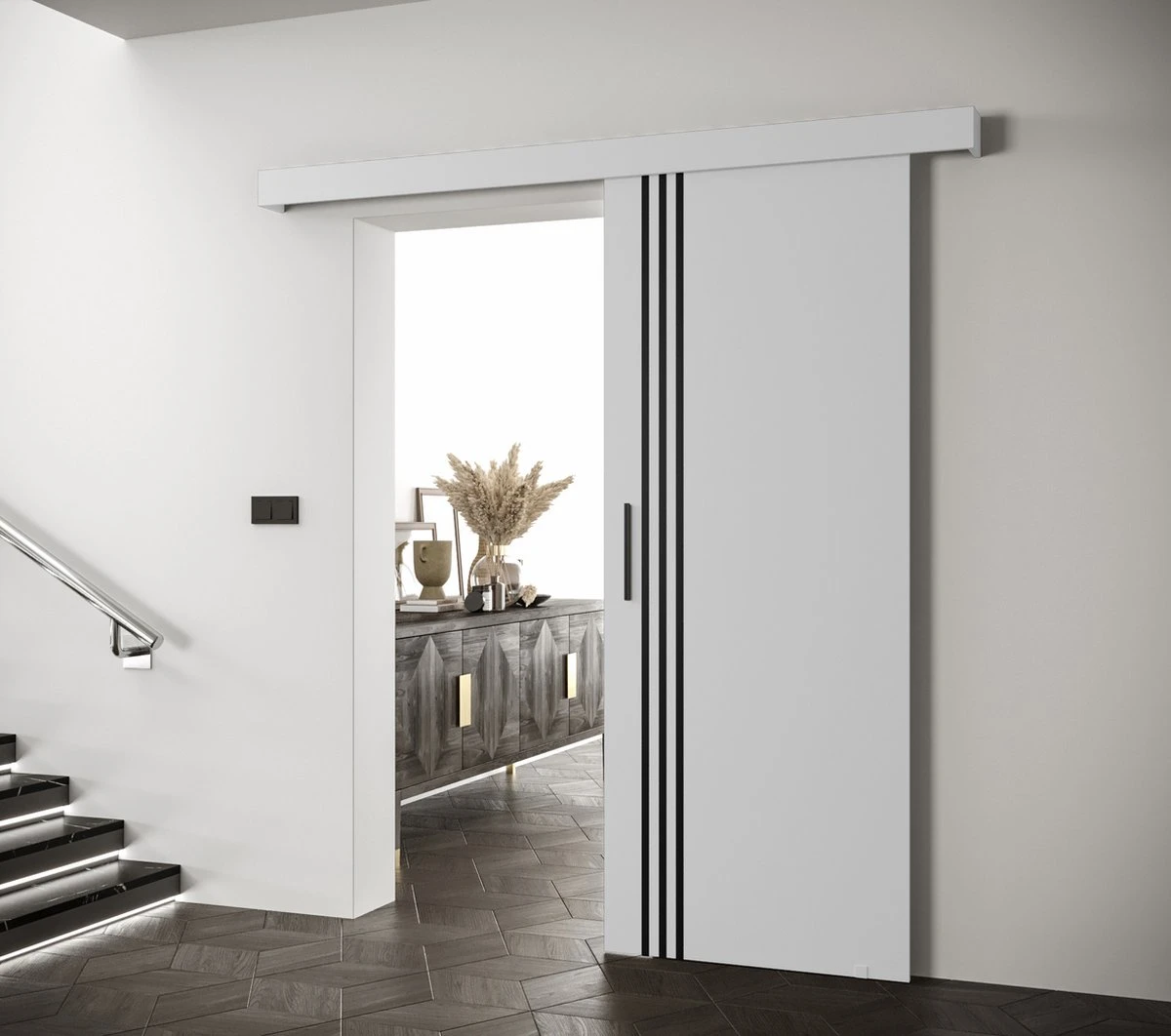 InspireMe - Système De Porte Coulissante Avec Rail - 90x204cm - AGRA VI - Wit Mat + Cadre Zwart + Poignée Zwart Avec Système Soft-Close 2 InspireMe - Système De Porte Coulissante Avec Rail - 90x204cm - AGRA VI - Wit Mat + Cadre Zwart + Poignée Zwart Avec Système Soft-Close - Image 2