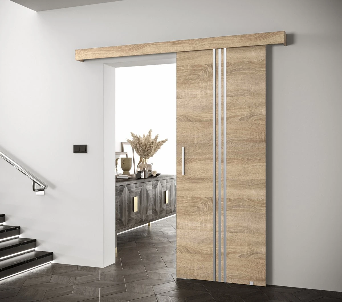 InspireMe - Système De Porte Coulissante Avec Rail - 90x204cm - AGRA V - Chêne Sonoma + Cadre Chêne Sonoma + Poignée Argent Avec Système Soft-Close 2 InspireMe - Système De Porte Coulissante Avec Rail - 90x204cm - AGRA V - Chêne Sonoma + Cadre Chêne Sonoma + Poignée Argent Avec Système Soft-Close - Image 2