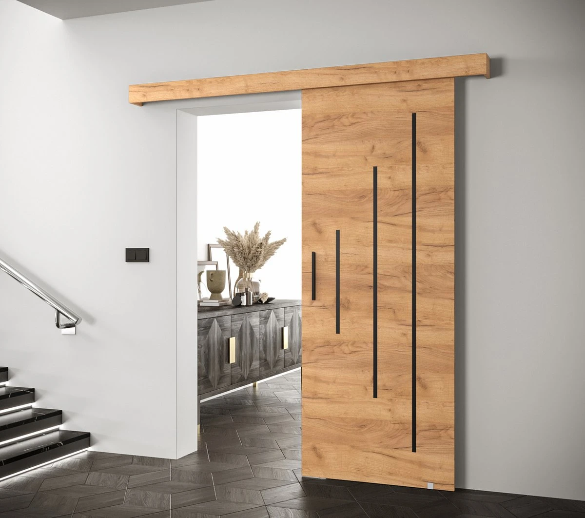 InspireMe - Système De Porte Coulissante Avec Rail - 90x204cm - AGRA Y - Chêne Doré + Cadre Chêne Doré + Poignée Zwart Avec Système Soft-Close 2 InspireMe - Système De Porte Coulissante Avec Rail - 90x204cm - AGRA Y - Chêne Doré + Cadre Chêne Doré + Poignée Zwart Avec Système Soft-Close - Image 2