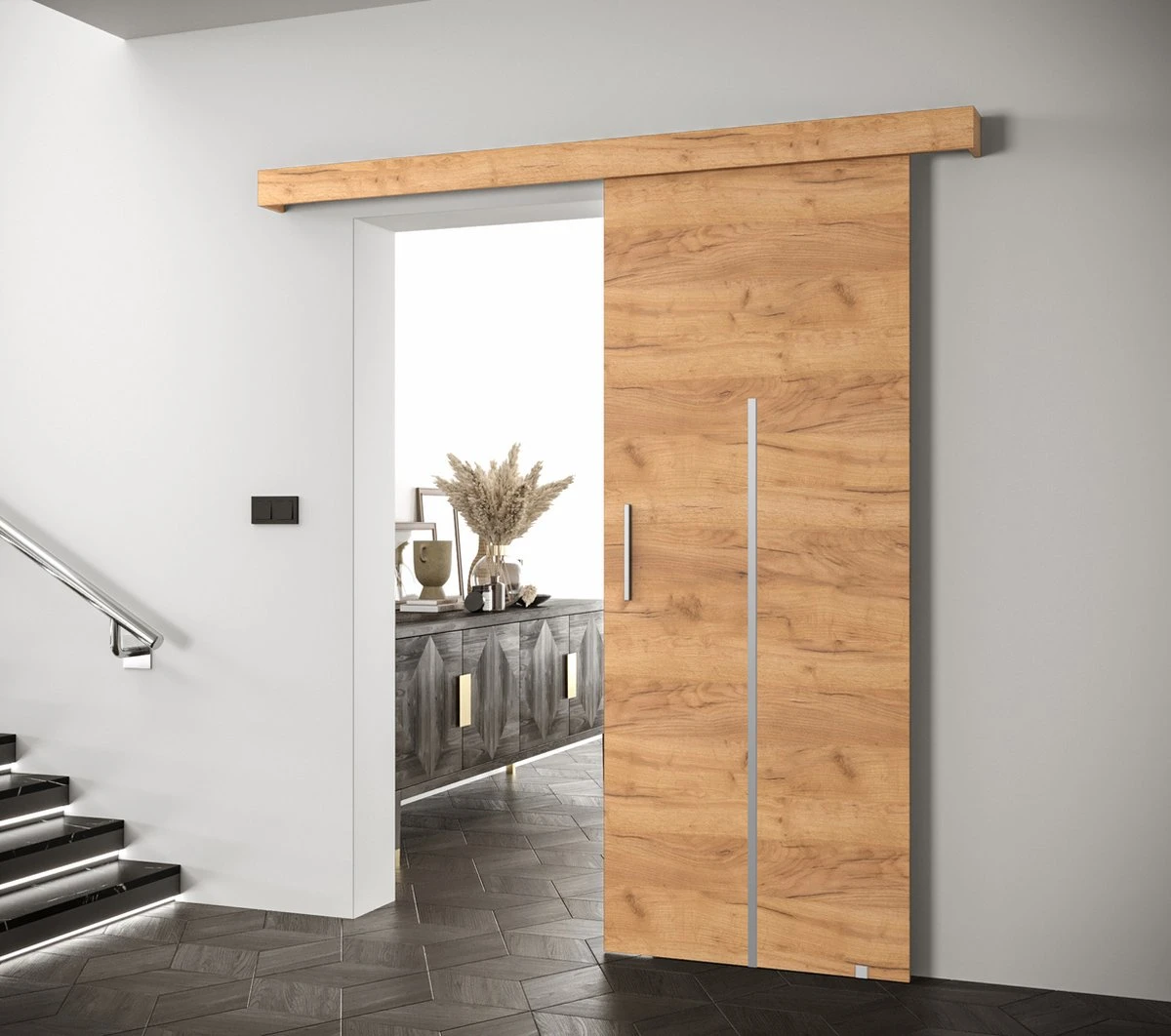 InspireMe - Système De Porte Coulissante Avec Rail - 90x204cm - AGRA X - Chêne Doré + Cadre Chêne Doré + Poignée Argent 2 InspireMe - Système De Porte Coulissante Avec Rail - 90x204cm - AGRA X - Chêne Doré + Cadre Chêne Doré + Poignée Argent - Image 2