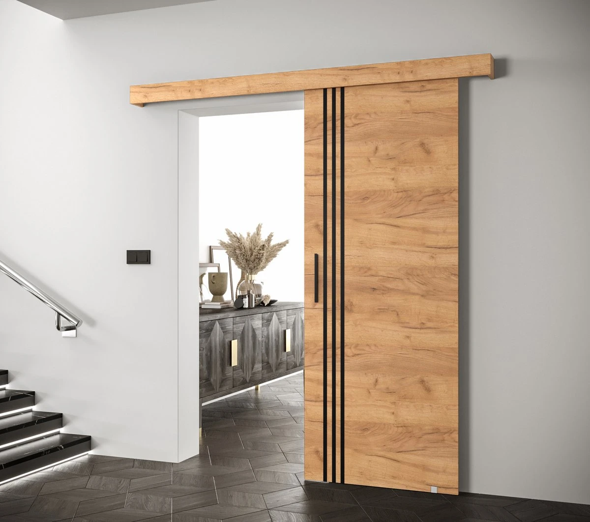 InspireMe - Système De Porte Coulissante Avec Rail - 90x204cm - AGRA VI - Chêne Doré + Cadre Chêne Doré + Poignée Zwart 2 InspireMe - Système De Porte Coulissante Avec Rail - 90x204cm - AGRA VI - Chêne Doré + Cadre Chêne Doré + Poignée Zwart - Image 2