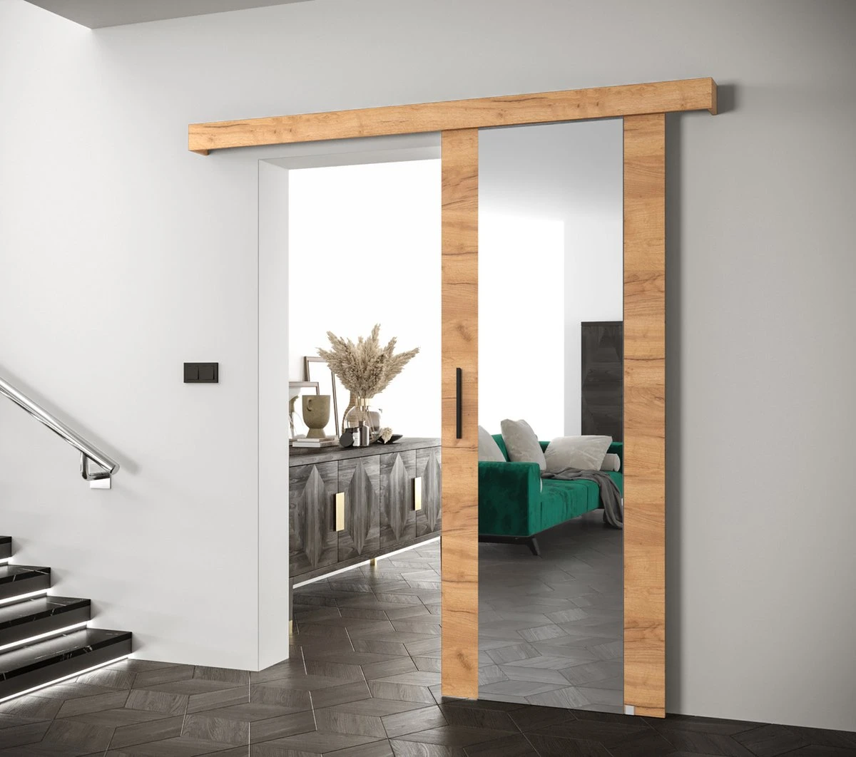 InspireMe - Système De Porte Coulissante Avec Rail Et Miroir - 90x204cm - AGRA II - Chêne Doré + Cadre Chêne Doré + Poignée Zwart Avec Système Soft-Close 2 InspireMe - Système De Porte Coulissante Avec Rail Et Miroir - 90x204cm - AGRA II - Chêne Doré + Cadre Chêne Doré + Poignée Zwart Avec Système Soft-Close - Image 2