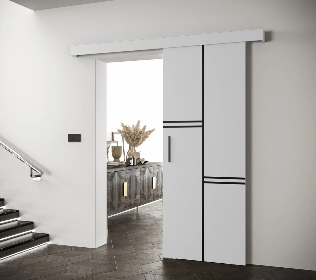 InspireMe - Système De Porte Coulissante Avec Rail - 90x204cm - AGRA VIII - Wit Mat + Cadre Zwart + Poignée Zwart 2 InspireMe - Système De Porte Coulissante Avec Rail - 90x204cm - AGRA VIII - Wit Mat + Cadre Zwart + Poignée Zwart - Image 2
