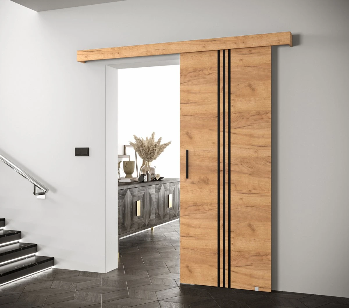 InspireMe - Système De Porte Coulissante Avec Rail - 90x204cm - AGRA V - Chêne Doré + Cadre Chêne Doré + Poignée Zwart Avec Système Soft-Close 2 InspireMe - Système De Porte Coulissante Avec Rail - 90x204cm - AGRA V - Chêne Doré + Cadre Chêne Doré + Poignée Zwart Avec Système Soft-Close - Image 2
