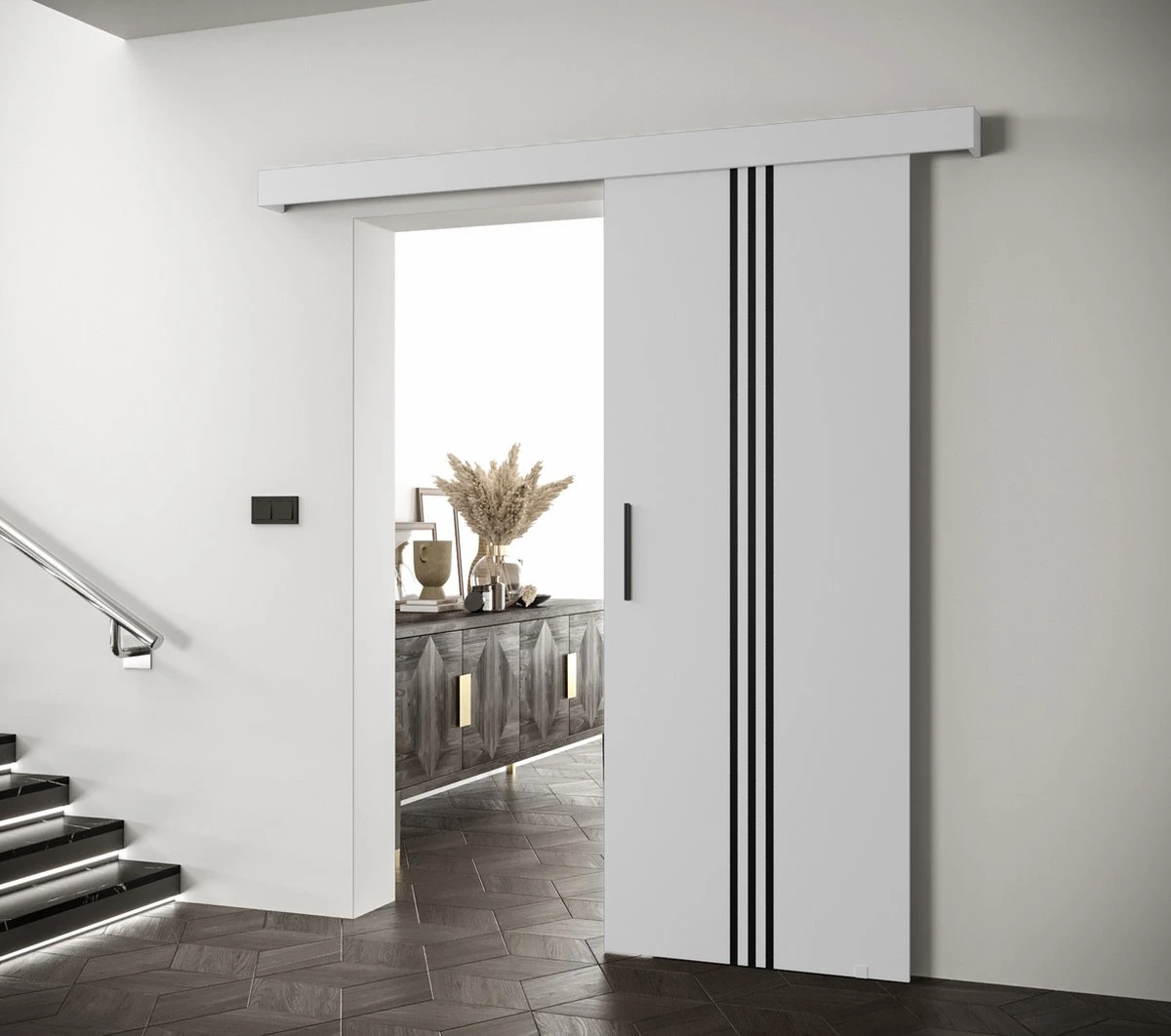 InspireMe - Système De Porte Coulissante Avec Rail - 90x204cm - AGRA V - Wit Mat + Cadre Zwart + Poignée Zwart 2 InspireMe - Système De Porte Coulissante Avec Rail - 90x204cm - AGRA V - Wit Mat + Cadre Zwart + Poignée Zwart - Image 2