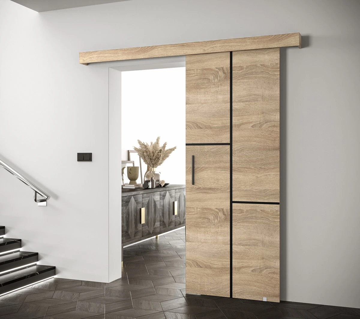 InspireMe - Système De Porte Coulissante Avec Rail - 90x204cm - AGRA VII - Chêne Sonoma + Cadre Chêne Sonoma + Poignée Zwart Avec Système Soft-Close 2 InspireMe - Système De Porte Coulissante Avec Rail - 90x204cm - AGRA VII - Chêne Sonoma + Cadre Chêne Sonoma + Poignée Zwart Avec Système Soft-Close - Image 2