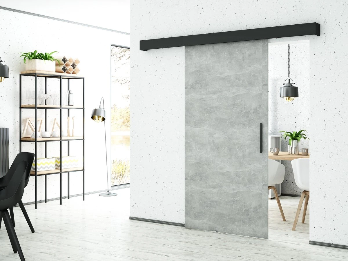 InspireMe - Système De Porte Coulissante Avec Rail - 90x204cm - POGO I - Béton + Cadre Zwart + Poignée Zwart Avec Système Soft-Close 2 InspireMe - Système De Porte Coulissante Avec Rail - 90x204cm - POGO I - Béton + Cadre Zwart + Poignée Zwart Avec Système Soft-Close - Image 2