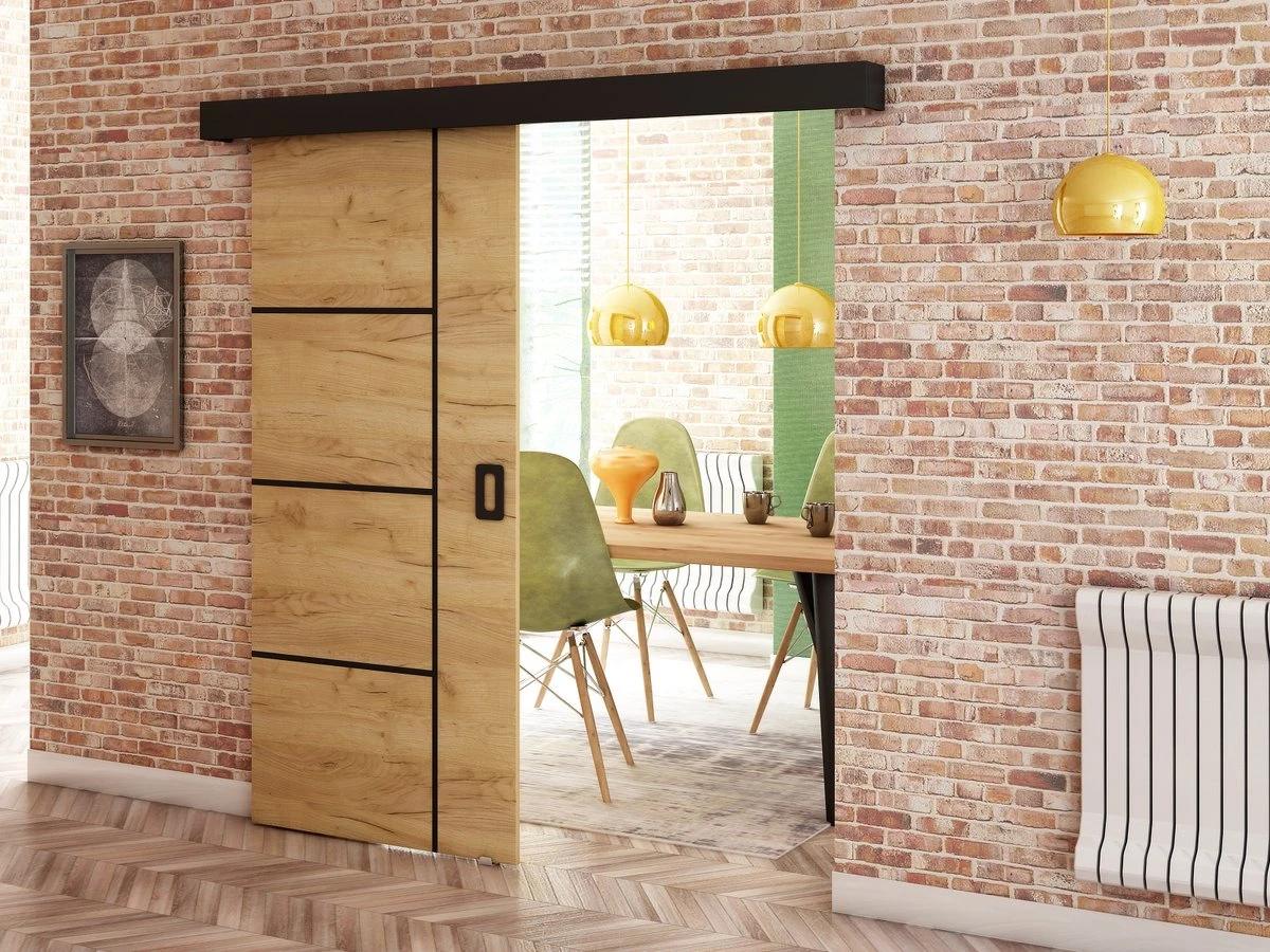 InspireMe - Système De Porte Coulissante Avec Rail - 90x204cm - MAY V - Chêne Doré + Cadre Zwart + Poignée Zwart 2 InspireMe - Système De Porte Coulissante Avec Rail - 90x204cm - MAY V - Chêne Doré + Cadre Zwart + Poignée Zwart - Image 2