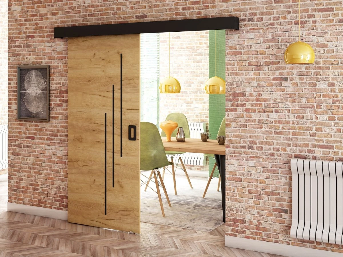 InspireMe - Système De Porte Coulissante Avec Rail - 90x204cm - MAY VI - Chêne Doré + Cadre Zwart + Poignée Zwart 2 InspireMe - Système De Porte Coulissante Avec Rail - 90x204cm - MAY VI - Chêne Doré + Cadre Zwart + Poignée Zwart - Image 2