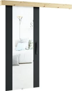 InspireMe - Système De Porte Coulissante Avec Rail Et Miroir - 90x204cm - LOPA II - Zwart Mat + Chêne Artisan