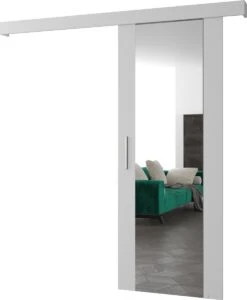 InspireMe - Système De Porte Coulissante Avec Rail Et Miroir - 90x204cm - AGRA II - Wit Mat + Cadre Wit + Poignée Argent Avec Système Soft-Close