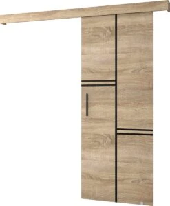 InspireMe - Système De Porte Coulissante Avec Rail - 90x204cm - AGRA VIII - Chêne Sonoma + Cadre Chêne Sonoma + Poignée Zwart Avec Système Soft-Close