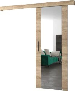 InspireMe - Système De Porte Coulissante Avec Rail Et Miroir - 90x204cm - AGRA II - Chêne Sonoma + Cadre Chêne Sonoma + Poignée Zwart Avec Système Soft-Close