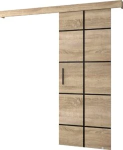 InspireMe - Système De Porte Coulissante Avec Rail - 90x204cm - AGRA III - Chêne Sonoma + Cadre Chêne Sonoma + Poignée Zwart Avec Système Soft-Close