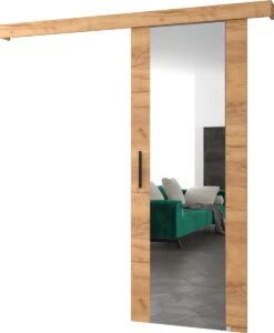 InspireMe - Système De Porte Coulissante Avec Rail Et Miroir - 90x204cm - AGRA II - Chêne Doré + Poignée Zwart
