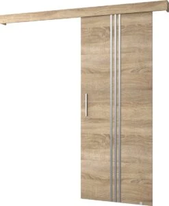 InspireMe - Système De Porte Coulissante Avec Rail - 90x204cm - AGRA V - Chêne Sonoma + Cadre Chêne Sonoma + Poignée Argent Avec Système Soft-Close