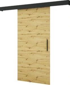 InspireMe - Système De Porte Coulissante Avec Rail - 90x204cm - POGO I - Chêne Artisan + Cadre Zwart + Poignée Zwart